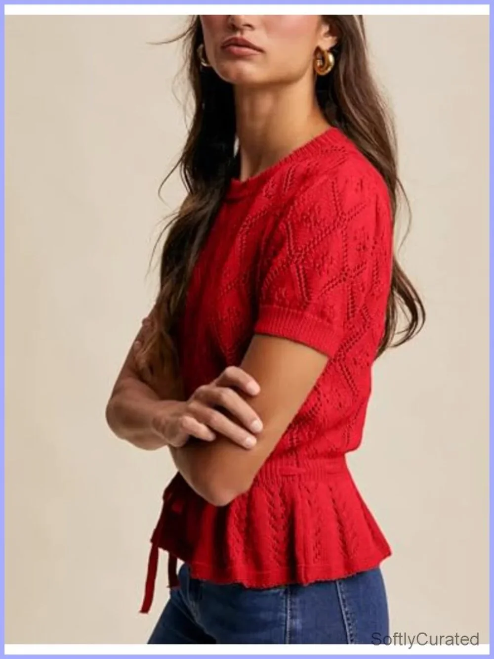 Lightweight Crochet Knit Peplum Sweater Short Sleeve Tie Front Hollow Out Top